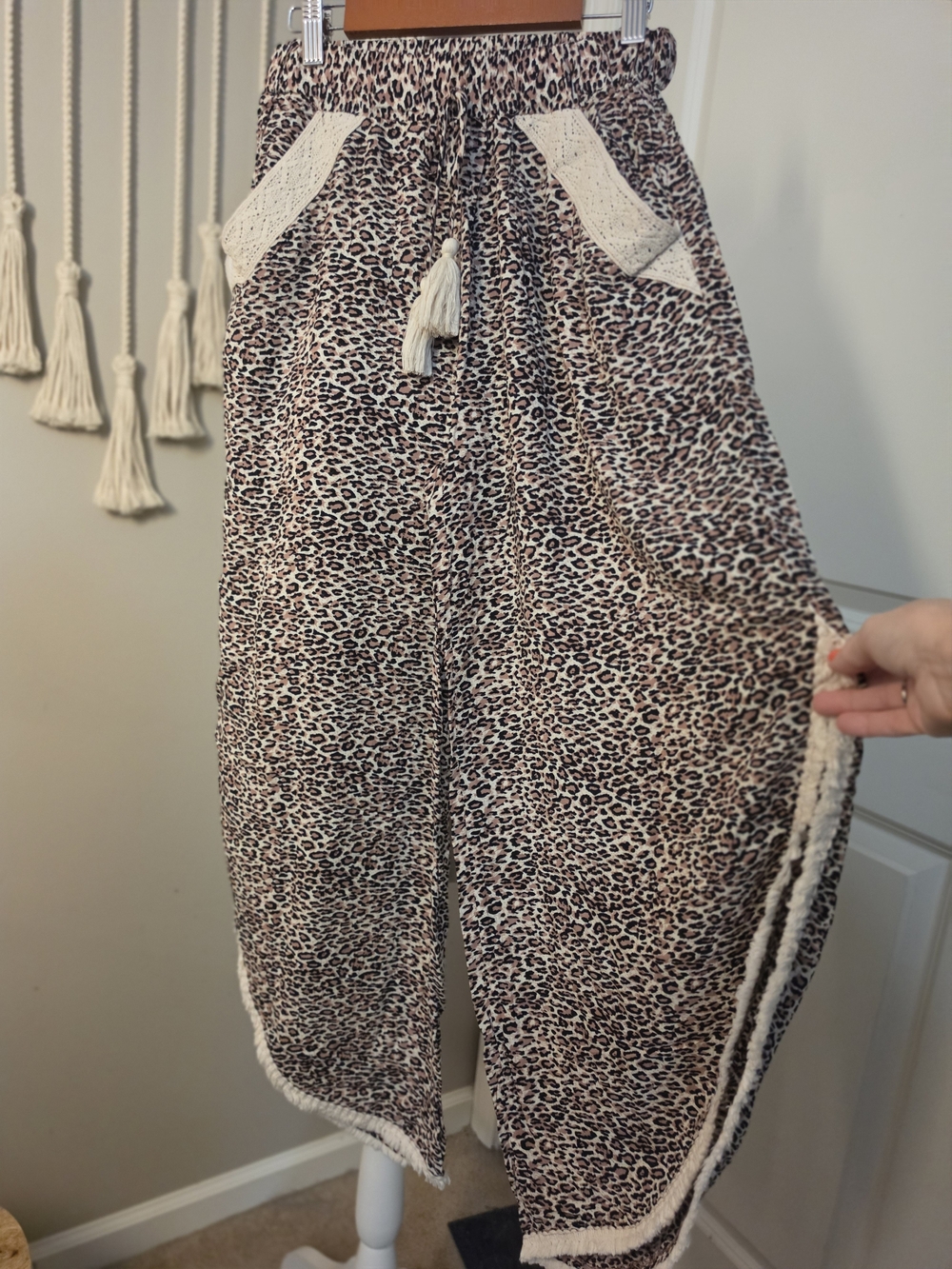 Surf Gypsy Leopard Print Light Flowy Pants with Cream Crochet Detail - Picture 4 of 7